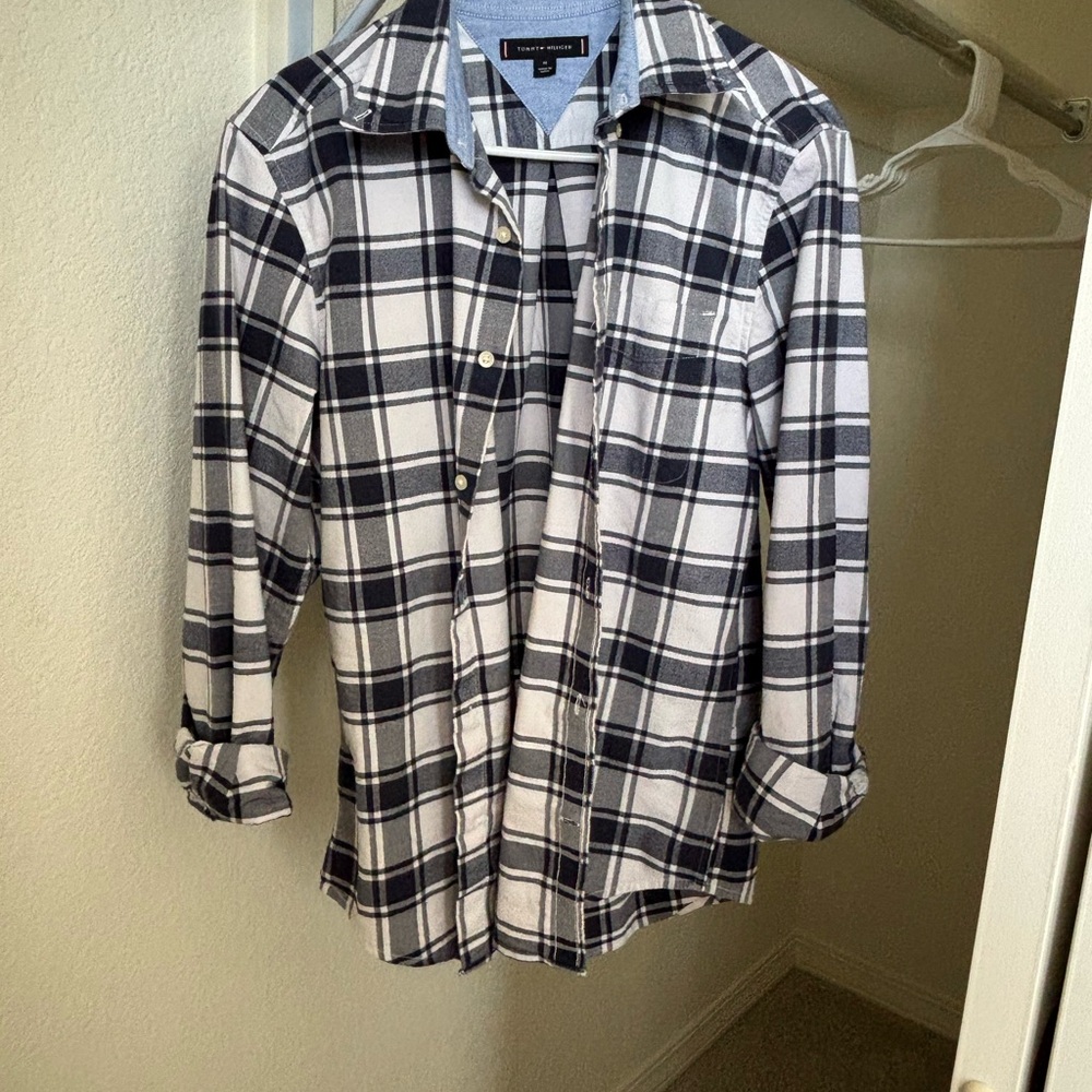 Tommy Hilfiger Navy and White Plaid Flannel Shirt